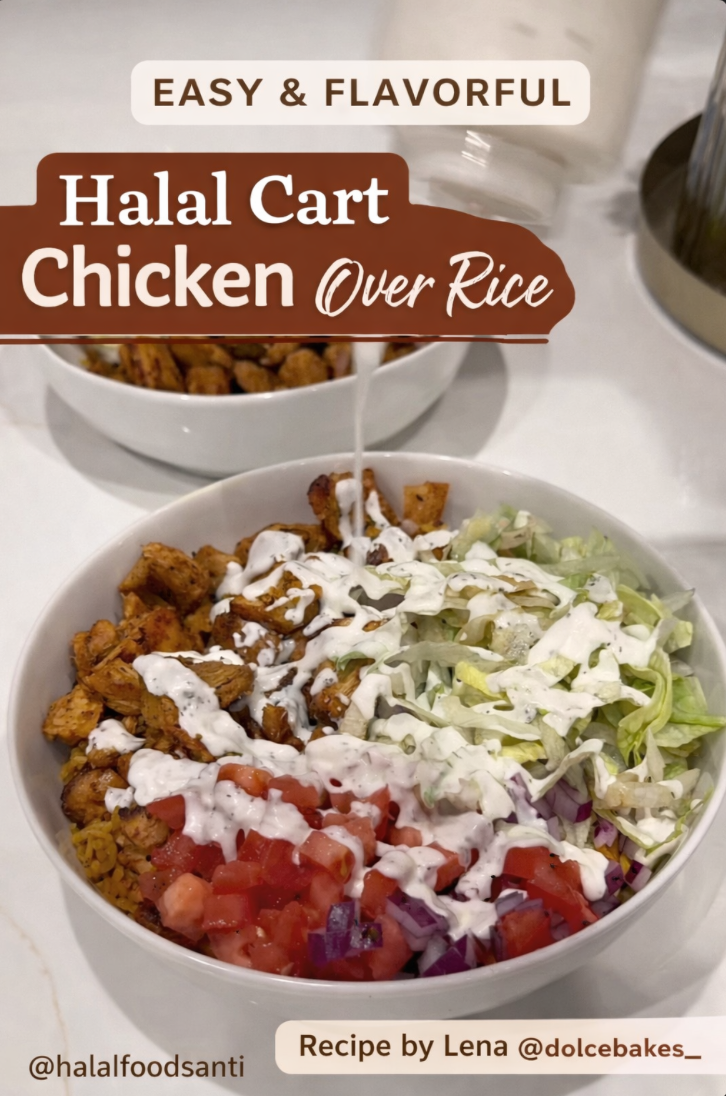 Halal cart chicken over rice with white sauce, seasoned basmati rice, marinated chicken, lettuce, tomatoes, and red onions.